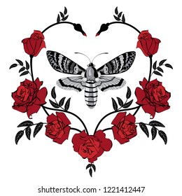 vector illustration of butterfly and roses in black and red colors