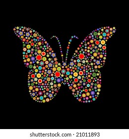 Vector illustration of butterfly shape  made up a lot of  multicolored small flowers on the black background