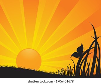 Eine Vektorillustration-Illustration einer Schmetterfliegensilhouette auf Gras auf einem Feld gegen einen orangefarbenen Himmel mit hellem Sonnenaufgang oder Sonnenuntergang