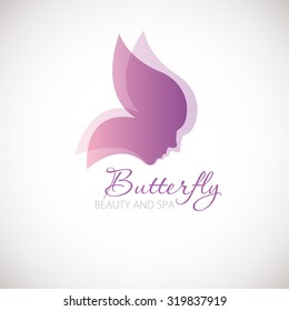 Vector illustration with Butterfly symbol. Two womens faces in a shape of butterfly wings. Logo design.  For beauty salon, spa center, health clinic