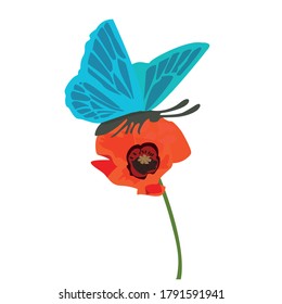 Ilustración vectorial con una mariposa que se sienta en una amapola