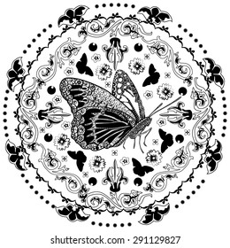 Vector illustration of the butterfly in vintage circle