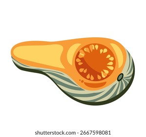 Ilustración vectorial de calabaza cortada por la mitad. Verdura de otoño, comida de temporada, alimentación saludable, Acción de Gracias, Halloween y diseño de otoño