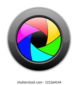 Vector illustration of button with colorful camera shutter image on it, isolated on white background