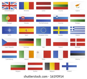 Vector illustration of button flags of the 27 members of the European Union as of 2008 plus NATO and the EU. With slick icon borders.