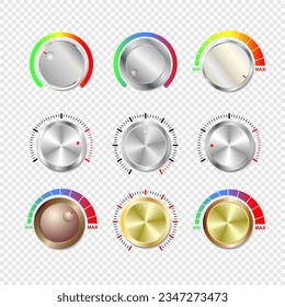 Vector illustration of buttons, knobs, volume, sound, music, realistic design, transparent. Eps 10