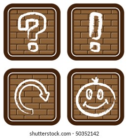 	Vector illustration with buttons for web devices and icons drawn by a white paint on a brick wall.
