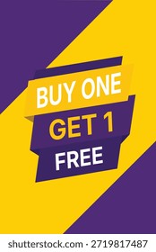 Ilustración vectorial de una compra uno obtener un Anuncio de descuento gratis. Etiqueta promocional de estilo de corte de papel moderno sobre un fondo púrpura y amarillo diagonal con textura retro de patrón de puntos de semitono. Ideal para anuncios de marketing minorista, ventas de liquidación y eventos de tienda.