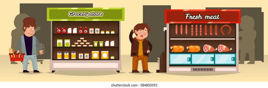 Vector illustration, buyers make a purchase in a store. Supermarket Shelves with meat products, groceries. Meat, sausages, bacon, canned foods, sauces. Flat style 