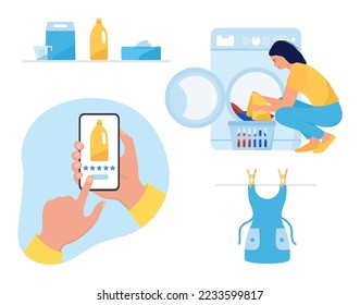 Vector illustration Buying laundry detergent online via the Internet. Сell phone. Professional Quality Laundry service. Laundromat tasks Housekeeping Domestic Household chores. Washing machine Powder