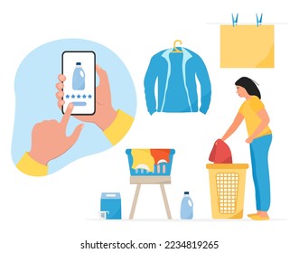 Ilustración vectorial Comprar detergente de lavandería en línea a través de Internet. С teléfono. Servicio de lavandería de calidad profesional. Tareas de la lavandería Manejo de tareas domésticas Lavadora Polvo