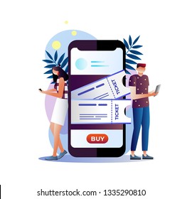 Vector illustration buying tickets online, E-Commerce Online Shopping , booking, Buy Tickets on the internet with a mobile phone, schedule design tickets are printed from the phone. ATM , money