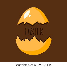 Vector illustration by Catholic Easter. Picture with cracked gold eggshell on the chocolate background.