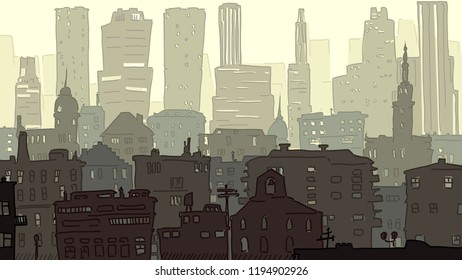 Vector illustration by childish hand drawn cityscape with roofs, windows and skyscrapers.