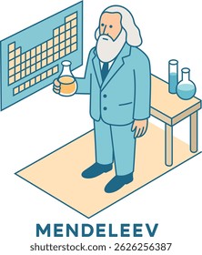 Ilustração vetorial por Dmitri Mendeleev.
Ilustração vetorial isométrica por Dmitri Mendeleev, um químico russo, com a tabela periódica de elementos.  Material químico de laboratório.
