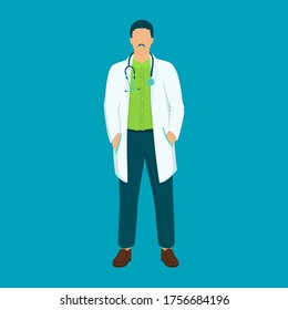 Vector illustration by an isolated cardiologist with a stethoscope on his chest. Male character in white coat, medic.