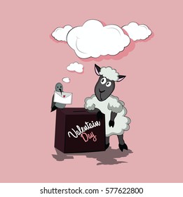 Vector illustration by St. Valentine's Day. The lamb has leaned the elbows on a box for Valentine's Day cards, and on a box a bird with the next message in a beak.