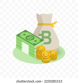 Vector illustration of Bytecoin currency. Random pattern of banknotes and coins in green and gold colors on transparent background (PNG). 