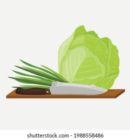 Vector illustration of cabbage and green onions. Vegetables lie on a cutting board with a knife. Vegetarianism.