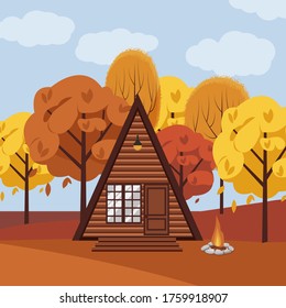 Vector illustration of cabin in autumn forest. Fall landscape with house in the woods and campfire.