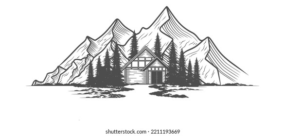 ilustración vectorial de la cabaña, pino dibujado a mano, cabaña y diseño de montaña, para viajes, concepto de senderismo al aire libre.