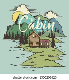 Vector illustration of a cabin on the lake with mountain background