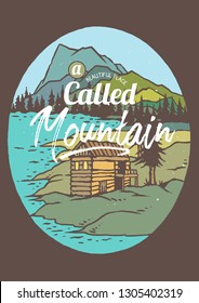 Vector illustration of cabin on the lake with mountain background