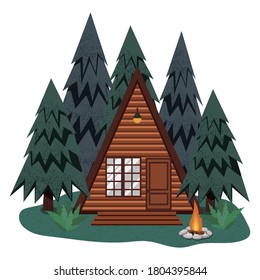 Vector illustration of cabin in pine tree forest. Landscape with house in the woods, campfire and fern bushes.