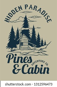 Vector illustration of a cabin in the pines forest with beautiful nature background mountain