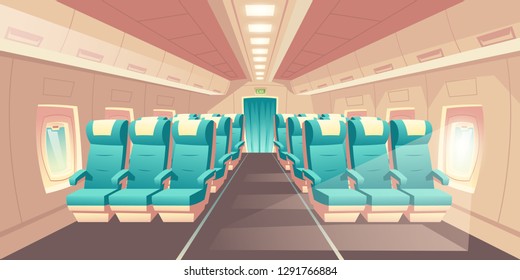 Vector illustration with a cabin of a plane, econom class seats with blue chairs. Bright salon with an aisle in aircraft, empty cozy places. Comfortable armchairs for journey, jet trip.