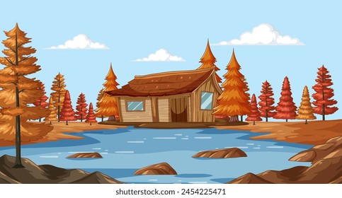 Ilustración vectorial de una cabaña rodeada de follaje otoñal