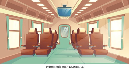 Vector illustration with a cabin of a train, seats with brown leather and TV. Bright salon with an aisle in express, empty business places. Comfortable armchairs in railway carriage for journey, trip