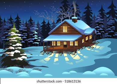 A vector illustration of Cabin in the Woods During Winter Season