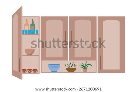 Vector illustration of a cabinet. Cabinet with a half-open door and dishes on the shelves. Kitchen set, cabinets and shelves for dishes. Kitchen interior. Vector illustration.