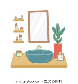 Vector illustration of a cabinet with a sink and a mirror on the wall. Bathroom with care and makeup products.