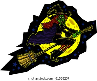 Vector illustration of a cackling cartoon witch flying on a broomstick with a moon and stars in the background.