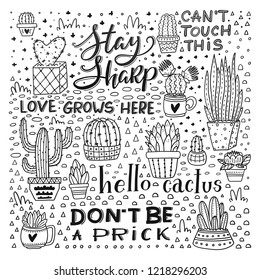 Vector illustration of  cacti, aloe and leaves in pots and lettering. Collection of exotic plants. Decorative natural elements  Cactus with flowers.