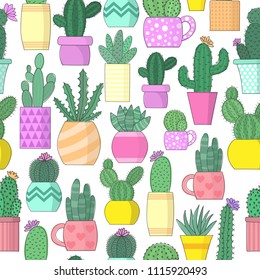 Vector illustration of cacti in flower pots. Seamless bright colored pattern.