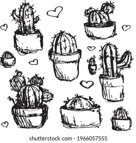 vector illustration with cacti and hearts on blue background