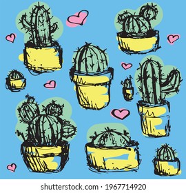 vector illustration with cacti and hearts on blue background