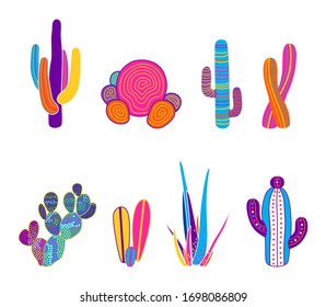 Vector illustration of cacti isolated on a white background. Icons, silhouettes of cacti. Mexican desert cactus, tropical plants, summer garden. Abstract creative decorative cactus, succulent, aloe