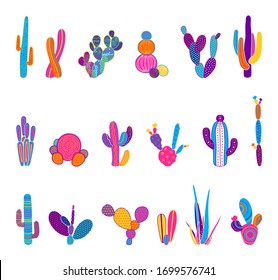 Vector illustration of cacti isolated on a white background. Icons, silhouettes of cacti. Mexican desert cactus, tropical plants, summer garden. Abstract creative decorative cactus, succulent, aloe