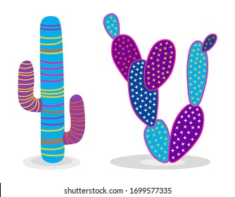 Vector illustration of cacti isolated on a white background. Icons, silhouettes of cacti. Mexican desert cactus, tropical plants, summer garden. Abstract creative decorative cactus, succulent, aloe