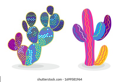 Vector illustration of cacti isolated on a white background. Icons, silhouettes of cacti. Mexican desert cactus, tropical plants, summer garden. Abstract creative decorative cactus, succulent, aloe