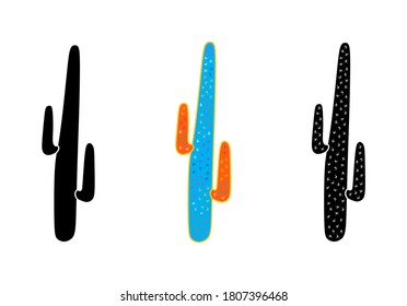 Vector illustration of cacti isolated on a white background. Icons, silhouettes of cacti. Mexican desert cactus, tropical plants, summer garden. Abstract creative decorative cactus, succulent, aloe
