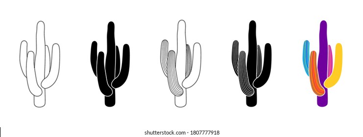 Vector illustration of cacti isolated on a white background. Icons, silhouettes of cacti. Mexican desert cactus, tropical plants, summer garden. Abstract creative decorative cactus, succulent, aloe