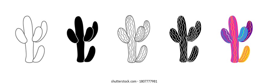 Vector illustration of cacti isolated on a white background. Icons, silhouettes of cacti. Mexican desert cactus, tropical plants, summer garden. Abstract creative decorative cactus, succulent, aloe