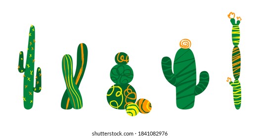 Vector illustration of cacti isolated on a white background. Icons, silhouettes of cacti. Mexican desert cactus, tropical plants, summer garden. Abstract creative decorative cactus, succulent, aloe
