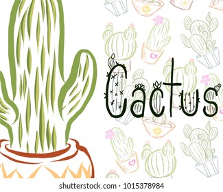 A vector illustration of cacti in pots of dirt, with decorative lettering.