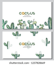 Vector illustration. Cactus collection. Pen drawing with watercolor style background. Card design set.
